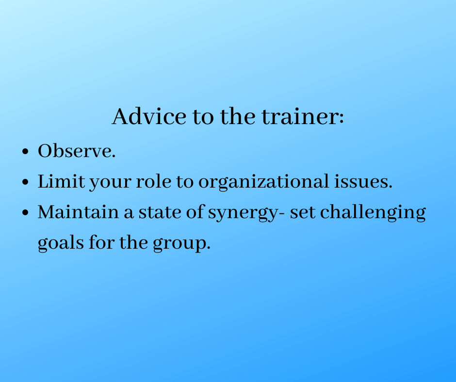 Advice to the trainer:
Observe.
Limit your role to organizational issues. 
Maintain a state of synergy- set challenging goals for the group.
